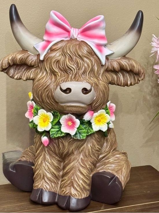 Other - Adorable Brown Highland Cow Statue with Pink Bow and Floral Necklace